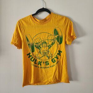 Marvel Hulk’s Gym Womens Small Top Yellow Green Graphic T-Shirt Raw Hem